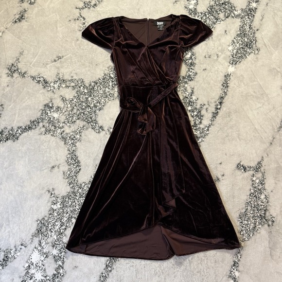 Dkny Dress Womens Size 6 Brown Velvet Faux-Wrap Flutter Sleeve Tie Waist Flare - Picture 1 of 9